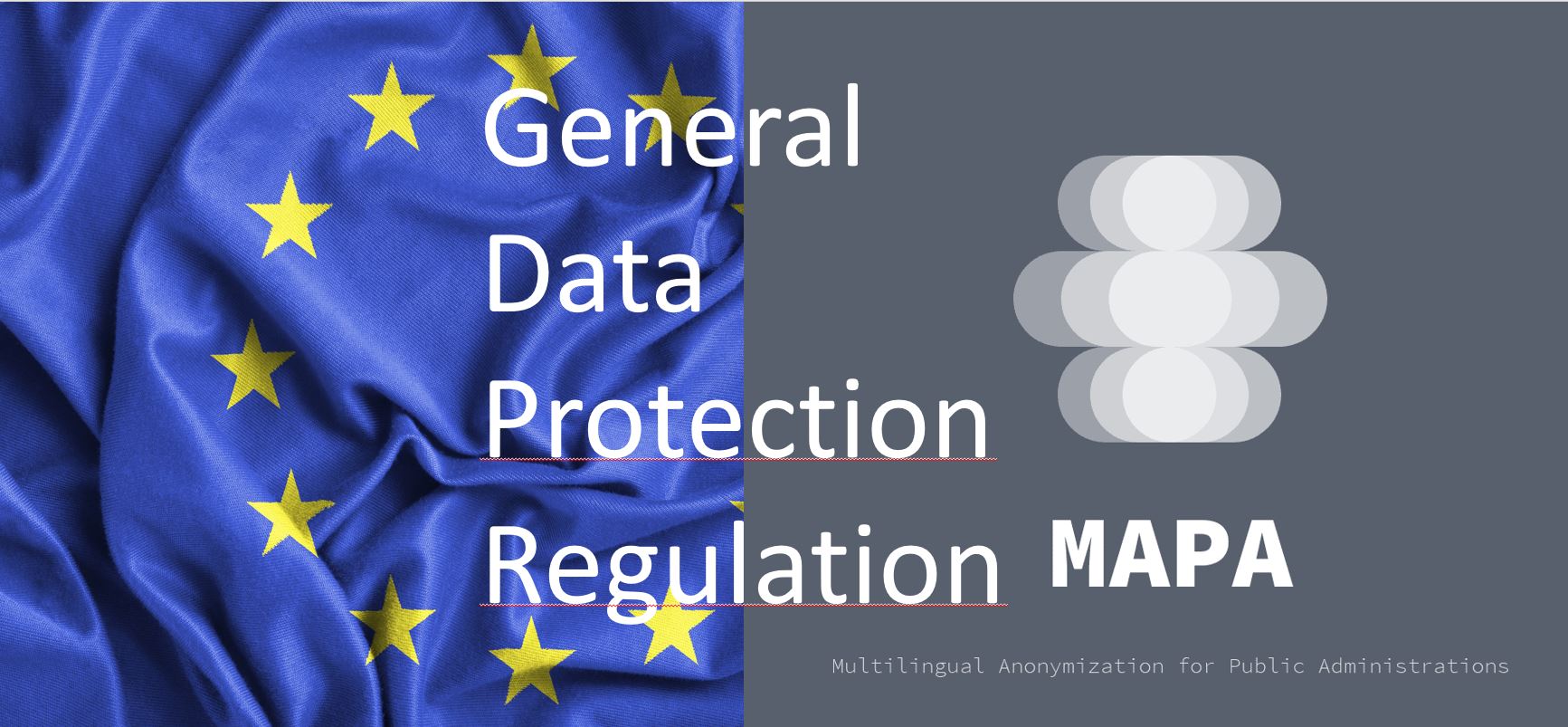 Blue and yellow starred flag of europe with MAPA project logo and General Data Protection Regulation